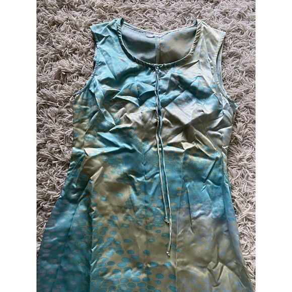 Jill Stuart Dress Silk Tan Turquoise Blue Shift Sleeveless Romantic Size 10 - Picture 4 of 8